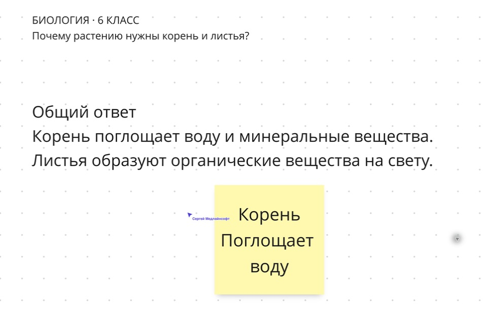 Фиолетовый курсор с именем ученика рядом с подписью Корень