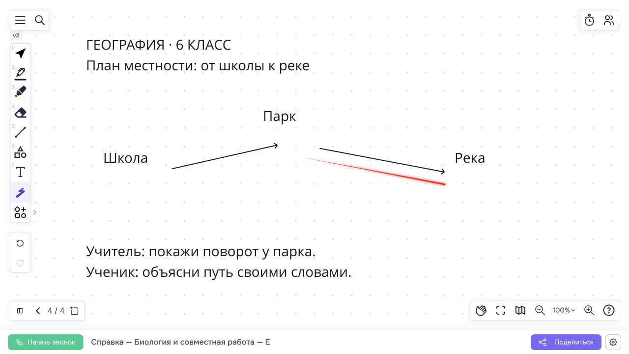Красный след указки вдоль участка маршрута от парка к реке